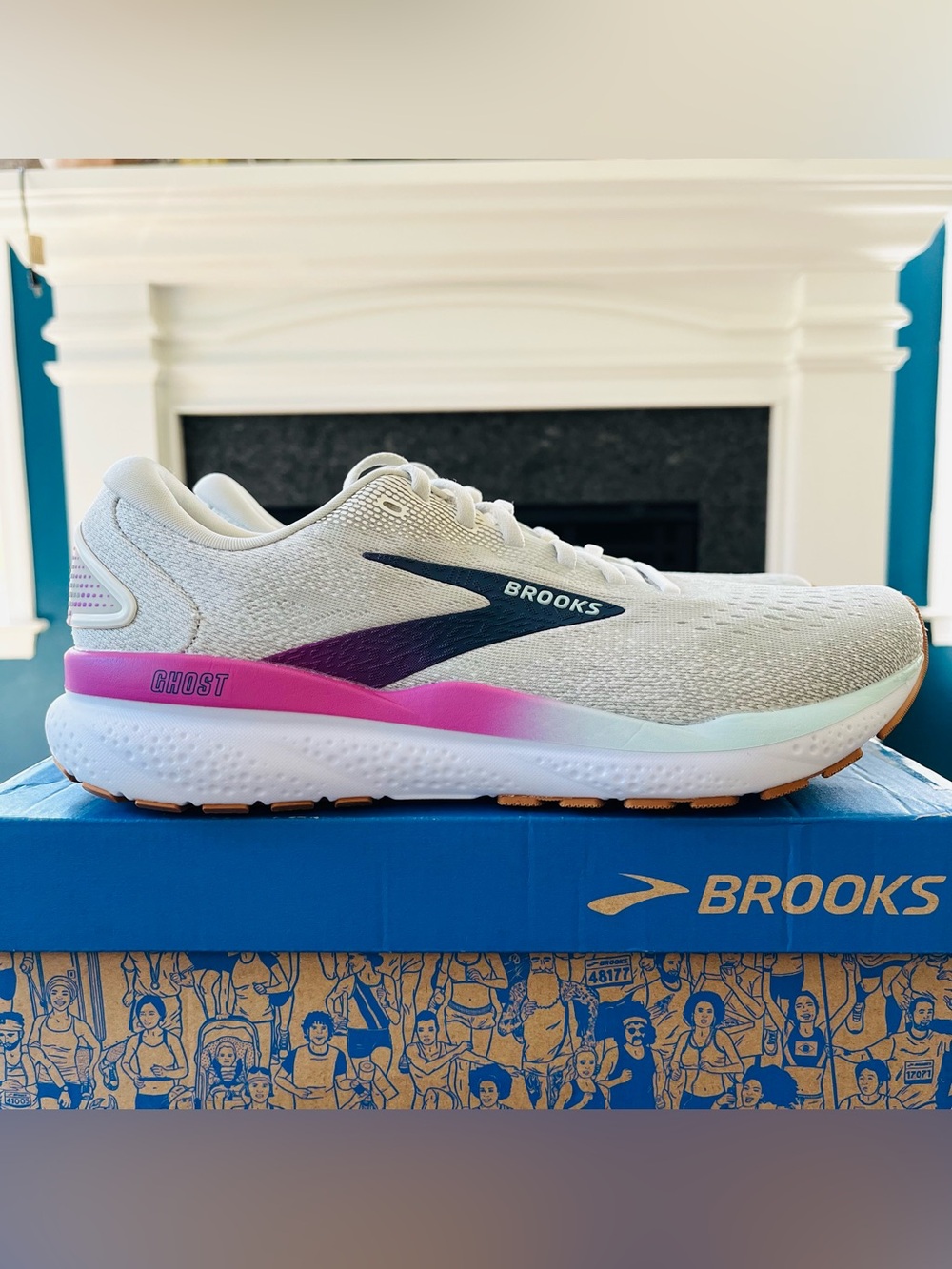 Sz 9.5 Brooks Ghost 16 Women Running Shoes 120407-1B-175 White/Grey/Estate Blue